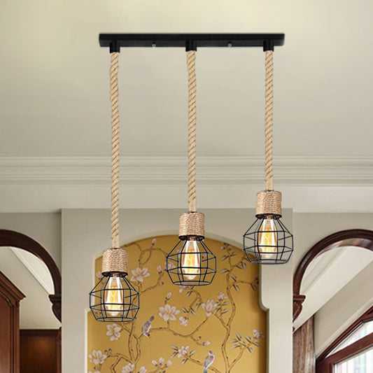Metal Globe Cage Ceiling Lighting with Adjustable Rope Lodge 3/5 Heads Indoor Hanging Light in Black 3 Black Linear Clearhalo 'Ceiling Lights' 'Industrial Pendants' 'Industrial' 'Middle Century Pendants' 'Pendant Lights' 'Pendants' 'Tiffany' Lighting' 1797270
