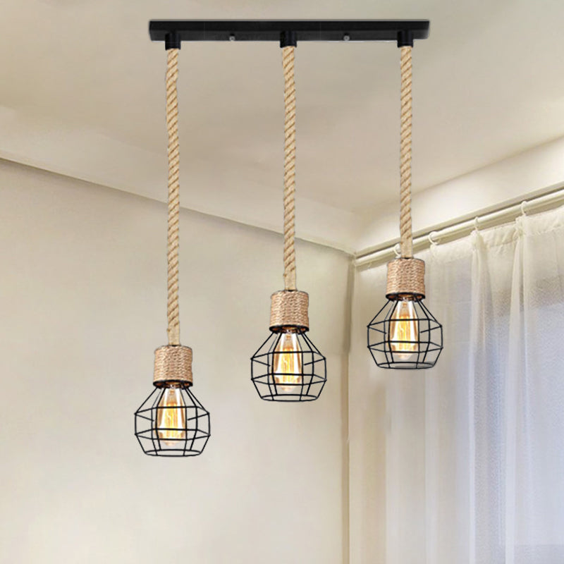 Metal Globe Cage Ceiling Lighting with Adjustable Rope Lodge 3/5 Heads Indoor Hanging Light in Black Clearhalo 'Ceiling Lights' 'Industrial Pendants' 'Industrial' 'Middle Century Pendants' 'Pendant Lights' 'Pendants' 'Tiffany' Lighting' 1797271