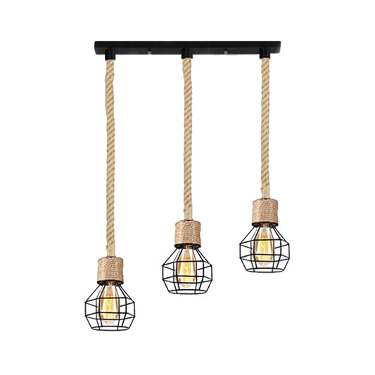 Metal Globe Cage Ceiling Lighting with Adjustable Rope Lodge 3/5 Heads Indoor Hanging Light in Black Clearhalo 'Ceiling Lights' 'Industrial Pendants' 'Industrial' 'Middle Century Pendants' 'Pendant Lights' 'Pendants' 'Tiffany' Lighting' 1797272