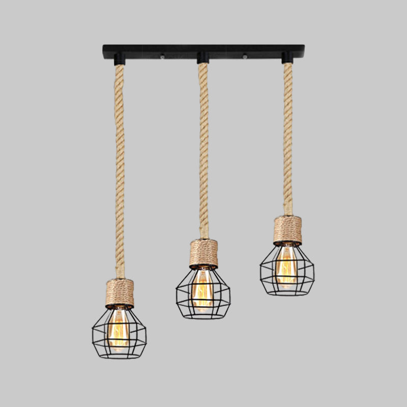Metal Globe Cage Ceiling Lighting with Adjustable Rope Lodge 3/5 Heads Indoor Hanging Light in Black Clearhalo 'Ceiling Lights' 'Industrial Pendants' 'Industrial' 'Middle Century Pendants' 'Pendant Lights' 'Pendants' 'Tiffany' Lighting' 1797273