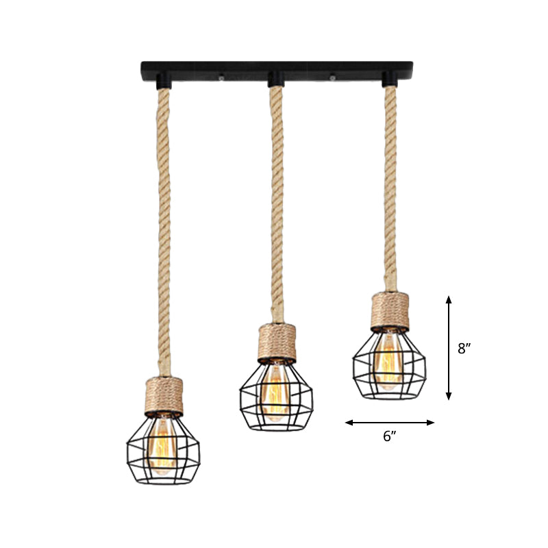 Metal Globe Cage Ceiling Lighting with Adjustable Rope Lodge 3/5 Heads Indoor Hanging Light in Black Clearhalo 'Ceiling Lights' 'Industrial Pendants' 'Industrial' 'Middle Century Pendants' 'Pendant Lights' 'Pendants' 'Tiffany' Lighting' 1797274