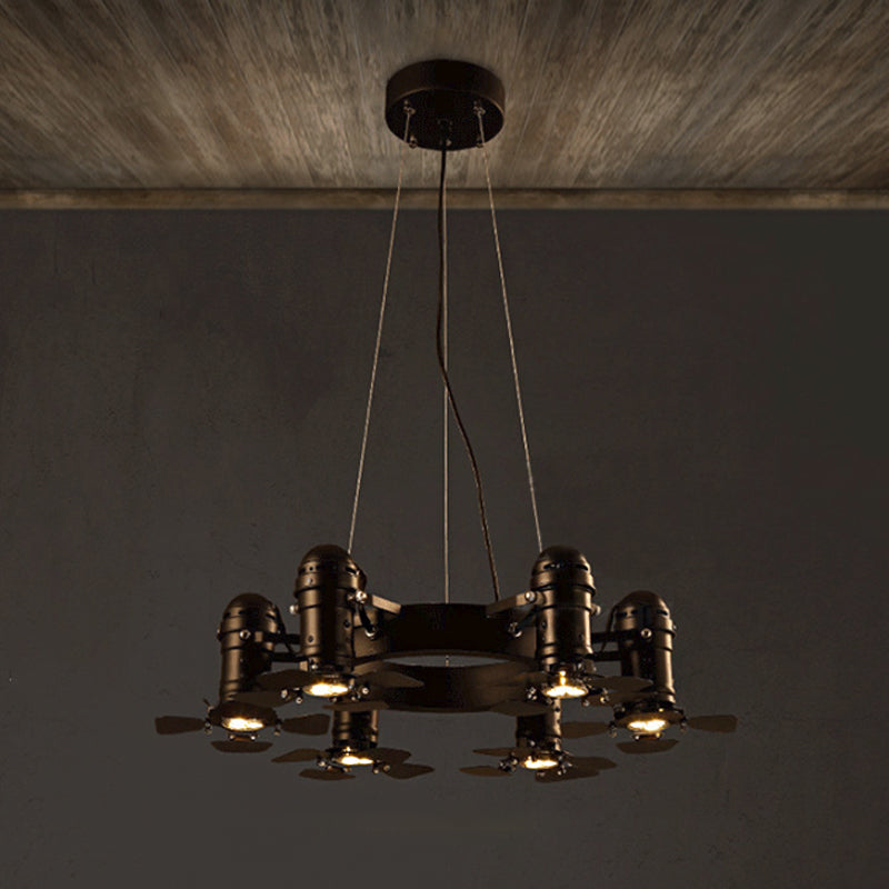 Metallic Black Finish Hanging Light Fixture Shaded 6 Lights Vintage Style Chandelier Light Fixture Clearhalo 'Cast Iron' 'Ceiling Lights' 'Chandeliers' 'Industrial Chandeliers' 'Industrial' 'Metal' 'Middle Century Chandeliers' 'Rustic Chandeliers' 'Tiffany' Lighting' 1797277