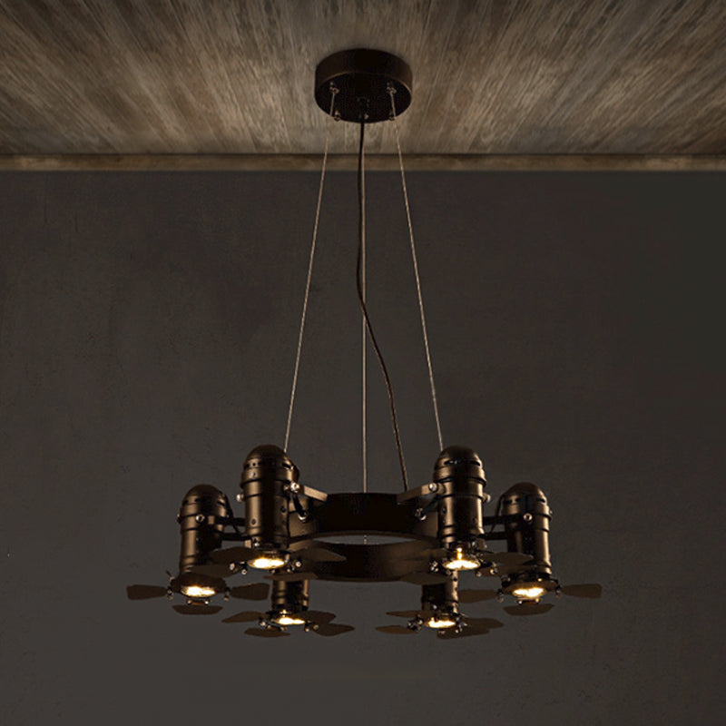 Metallic Black Finish Hanging Light Fixture Shaded 6 Lights Vintage Style Chandelier Light Fixture Clearhalo 'Cast Iron' 'Ceiling Lights' 'Chandeliers' 'Industrial Chandeliers' 'Industrial' 'Metal' 'Middle Century Chandeliers' 'Rustic Chandeliers' 'Tiffany' Lighting' 1797277