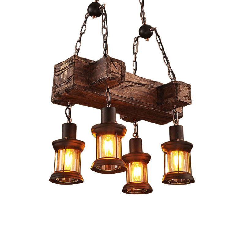 Lantern Clear Glass Hanging Pendant Coastal 4-Light Dining Room Island Light Fixture in Brown with Wood Deco Clearhalo 'Ceiling Lights' 'Island Lights' Lighting' 1797288