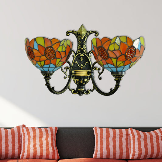 Sunflower Wall Sconce Light Lodge Stained Glass 2 Heads Wall Lighting in Blue/White for Bedroom Blue Clearhalo 'Industrial' 'Middle century wall lights' 'Tiffany wall lights' 'Tiffany' 'Wall Lamps & Sconces' 'Wall Lights' Lighting' 179728