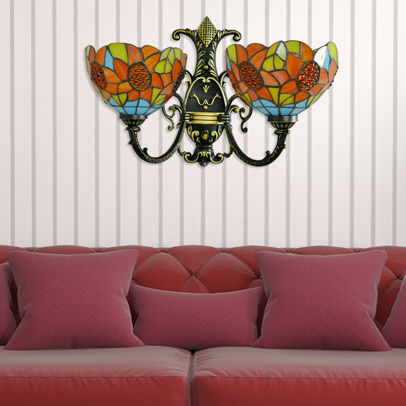 Sunflower Wall Sconce Light Lodge Stained Glass 2 Heads Wall Lighting in Blue/White for Bedroom Clearhalo 'Industrial' 'Middle century wall lights' 'Tiffany wall lights' 'Tiffany' 'Wall Lamps & Sconces' 'Wall Lights' Lighting' 179729