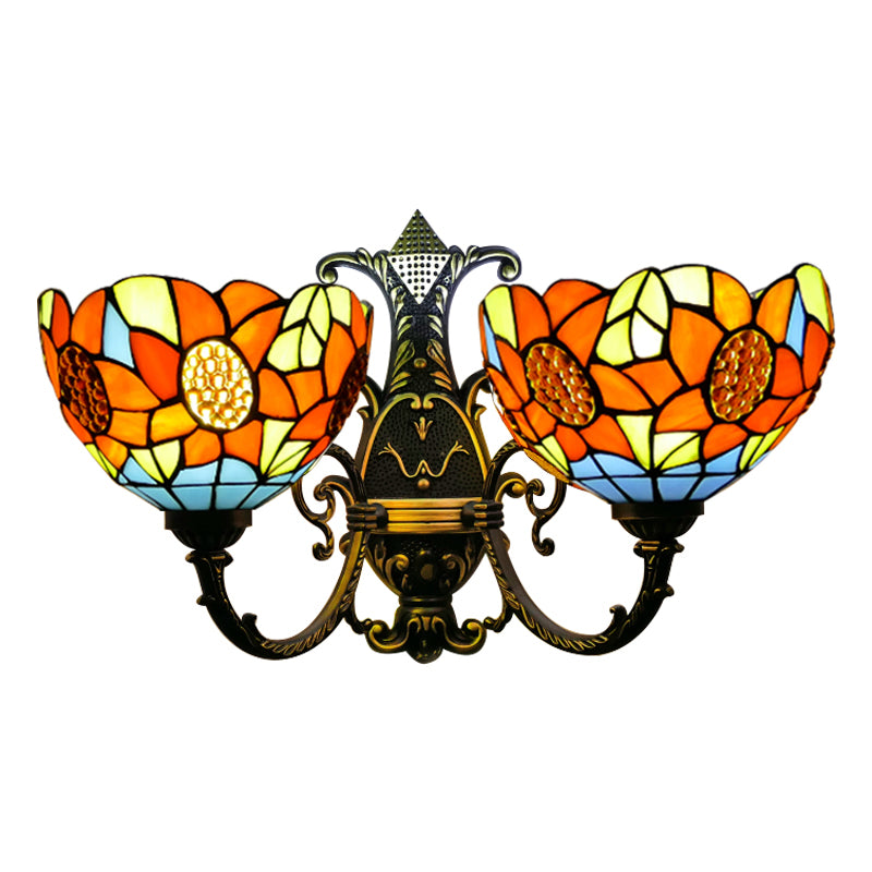 Sunflower Wall Sconce Light Lodge Stained Glass 2 Heads Wall Lighting in Blue/White for Bedroom Clearhalo 'Industrial' 'Middle century wall lights' 'Tiffany wall lights' 'Tiffany' 'Wall Lamps & Sconces' 'Wall Lights' Lighting' 179730
