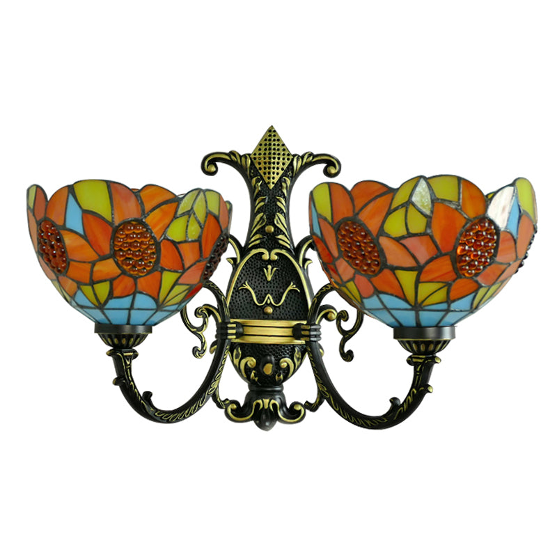 Sunflower Wall Sconce Light Lodge Stained Glass 2 Heads Wall Lighting in Blue/White for Bedroom Clearhalo 'Industrial' 'Middle century wall lights' 'Tiffany wall lights' 'Tiffany' 'Wall Lamps & Sconces' 'Wall Lights' Lighting' 179731