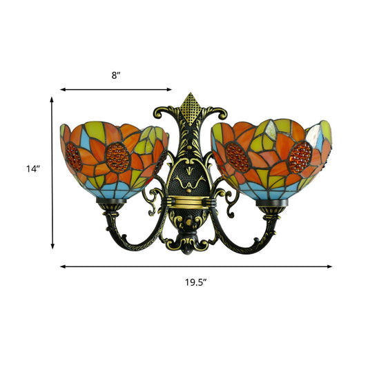 Sunflower Wall Sconce Light Lodge Stained Glass 2 Heads Wall Lighting in Blue/White for Bedroom Clearhalo 'Industrial' 'Middle century wall lights' 'Tiffany wall lights' 'Tiffany' 'Wall Lamps & Sconces' 'Wall Lights' Lighting' 179732