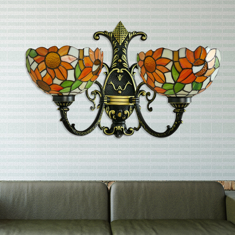 Sunflower Wall Sconce Light Lodge Stained Glass 2 Heads Wall Lighting in Blue/White for Bedroom White Clearhalo 'Industrial' 'Middle century wall lights' 'Tiffany wall lights' 'Tiffany' 'Wall Lamps & Sconces' 'Wall Lights' Lighting' 179733