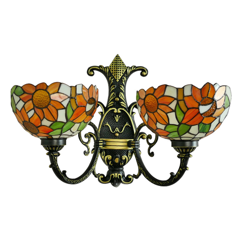 Sunflower Wall Sconce Light Lodge Stained Glass 2 Heads Wall Lighting in Blue/White for Bedroom Clearhalo 'Industrial' 'Middle century wall lights' 'Tiffany wall lights' 'Tiffany' 'Wall Lamps & Sconces' 'Wall Lights' Lighting' 179734