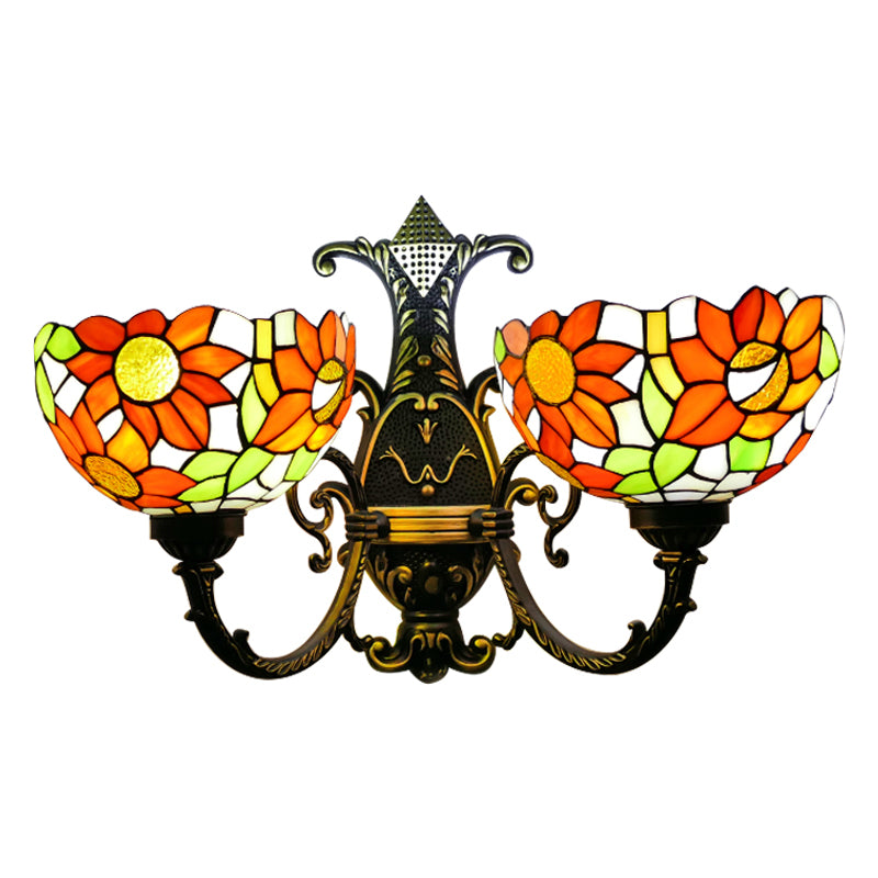 Sunflower Wall Sconce Light Lodge Stained Glass 2 Heads Wall Lighting in Blue/White for Bedroom Clearhalo 'Industrial' 'Middle century wall lights' 'Tiffany wall lights' 'Tiffany' 'Wall Lamps & Sconces' 'Wall Lights' Lighting' 179735