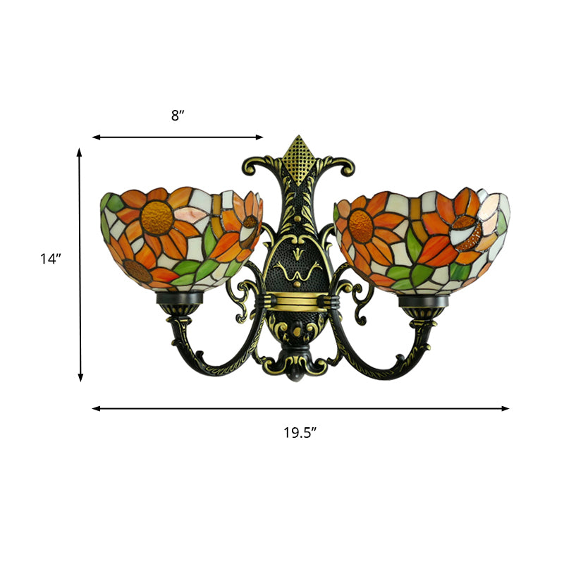 Sunflower Wall Sconce Light Lodge Stained Glass 2 Heads Wall Lighting in Blue/White for Bedroom Clearhalo 'Industrial' 'Middle century wall lights' 'Tiffany wall lights' 'Tiffany' 'Wall Lamps & Sconces' 'Wall Lights' Lighting' 179736
