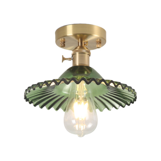 One Light Ceiling Lighting Industrial Scalloped Ribbed Glass Semi Flush Mount Light in Clear/Green Clearhalo 'Ceiling Lights' 'Close To Ceiling Lights' 'Close to ceiling' 'Glass shade' 'Glass' 'Island Lights' 'Semi-flushmount' Lighting' 1797376