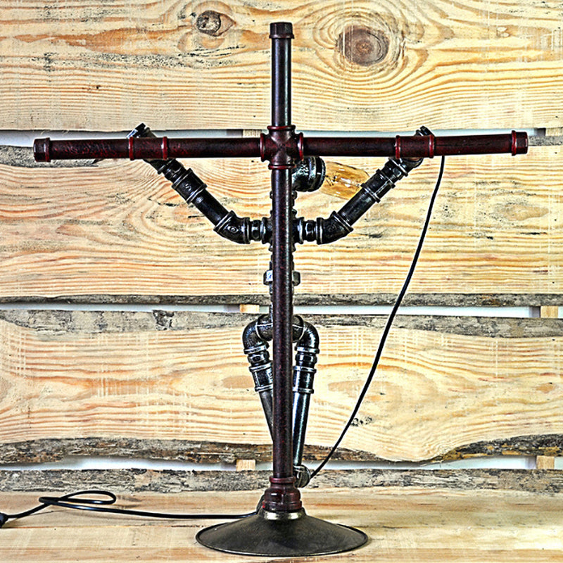 1 Bulb Iron Table Lamp Rustic Stylish Aged Silver Water Pipe Indoor Table Lighting with Robot Design Clearhalo 'Lamps' 'Table Lamps' Lighting' 1797403