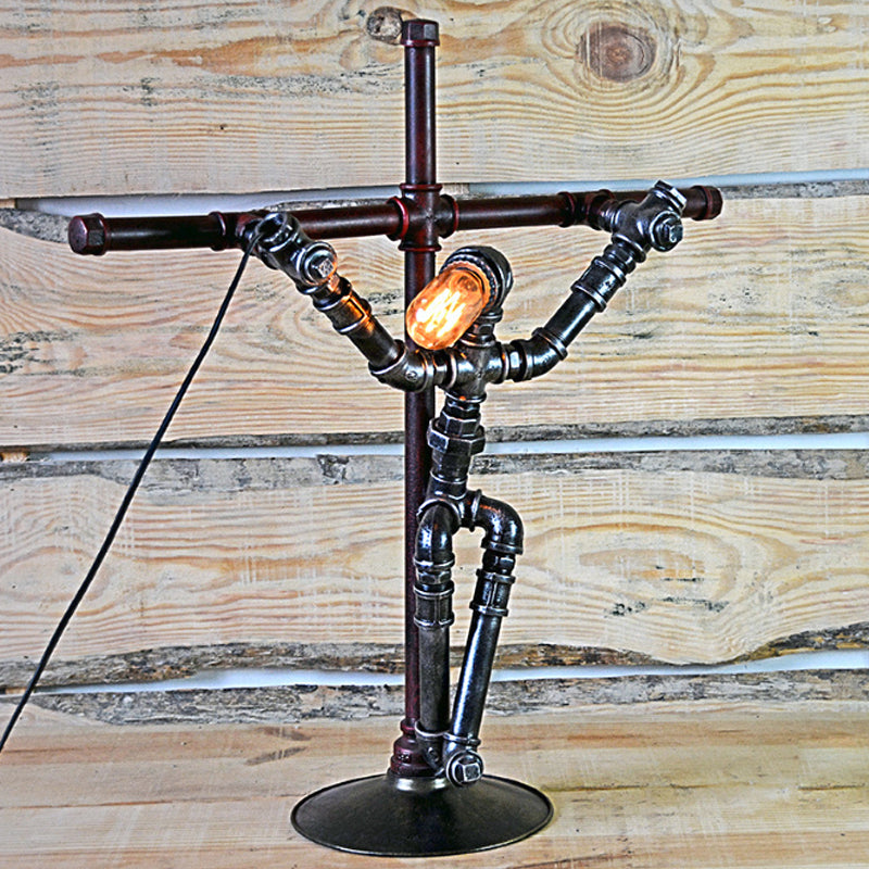 1 Bulb Iron Table Lamp Rustic Stylish Aged Silver Water Pipe Indoor Table Lighting with Robot Design Clearhalo 'Lamps' 'Table Lamps' Lighting' 1797404