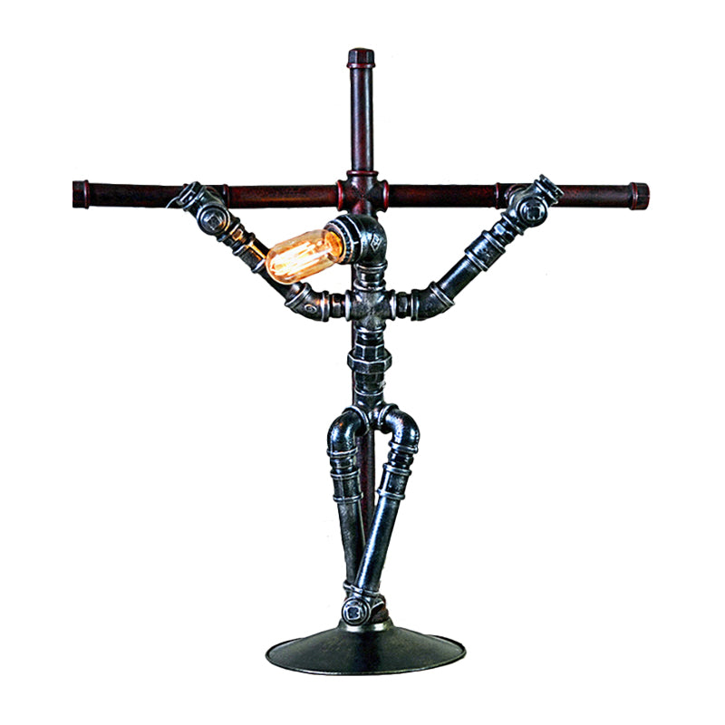 1 Bulb Iron Table Lamp Rustic Stylish Aged Silver Water Pipe Indoor Table Lighting with Robot Design Clearhalo 'Lamps' 'Table Lamps' Lighting' 1797405