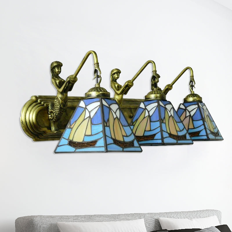 3 Heads Sailboat Sconce Light Fixture Mediterranean Blue Glass Wall Mounted Light Blue Clearhalo 'Industrial' 'Middle century wall lights' 'Tiffany wall lights' 'Tiffany' 'Wall Lamps & Sconces' 'Wall Lights' Lighting' 179746