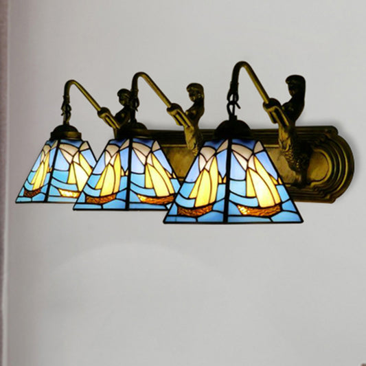 3 Heads Sailboat Sconce Light Fixture Mediterranean Blue Glass Wall Mounted Light Clearhalo 'Industrial' 'Middle century wall lights' 'Tiffany wall lights' 'Tiffany' 'Wall Lamps & Sconces' 'Wall Lights' Lighting' 179747