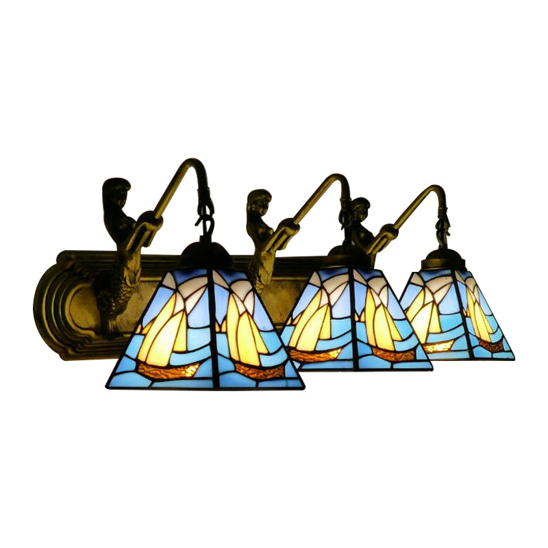 3 Heads Sailboat Sconce Light Fixture Mediterranean Blue Glass Wall Mounted Light Clearhalo 'Industrial' 'Middle century wall lights' 'Tiffany wall lights' 'Tiffany' 'Wall Lamps & Sconces' 'Wall Lights' Lighting' 179748