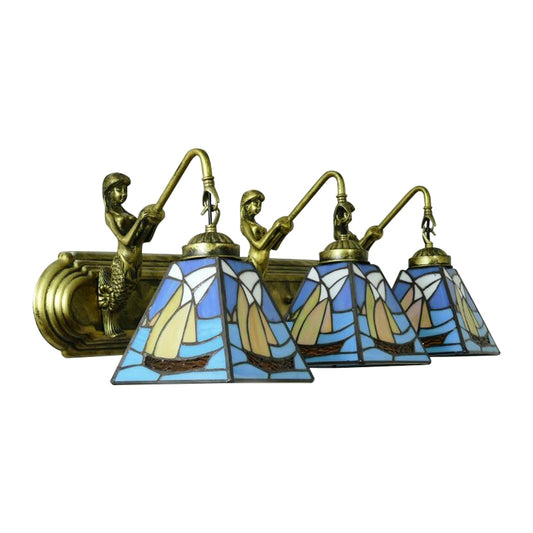 3 Heads Sailboat Sconce Light Fixture Mediterranean Blue Glass Wall Mounted Light Clearhalo 'Industrial' 'Middle century wall lights' 'Tiffany wall lights' 'Tiffany' 'Wall Lamps & Sconces' 'Wall Lights' Lighting' 179749
