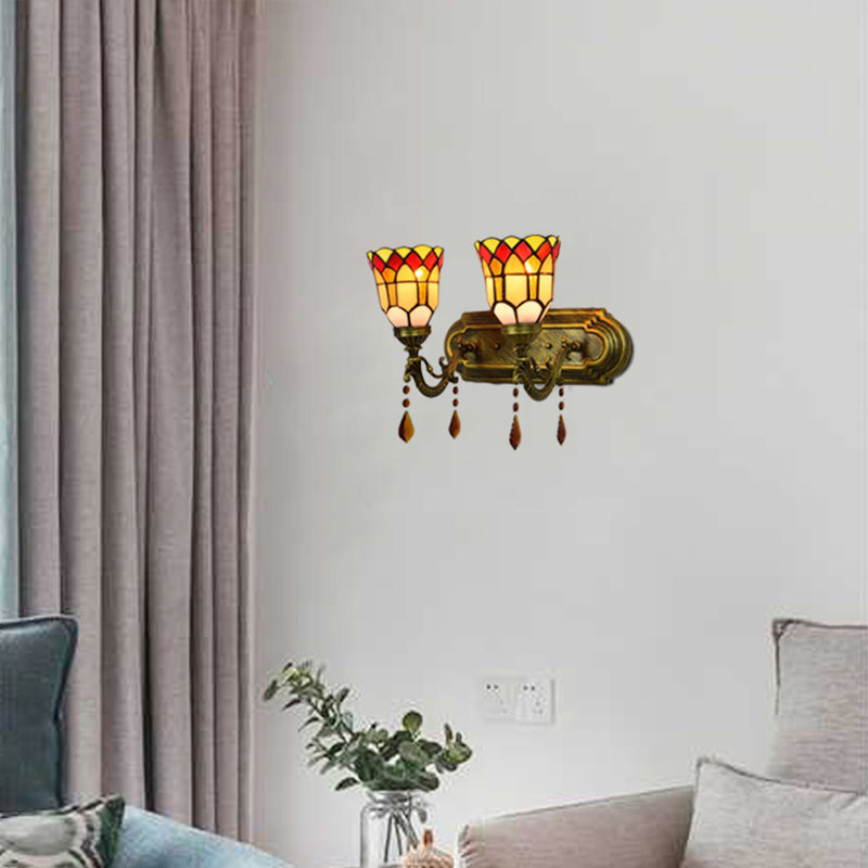 Art Glass Bowl Wall Light with Agate 2-Bulb Tiffany Vintage Wall Lamp in Beige/Brown/Blue/Blue-White for Dining Room Brown Clearhalo 'Industrial' 'Middle century wall lights' 'Tiffany wall lights' 'Tiffany' 'Wall Lamps & Sconces' 'Wall Lights' Lighting' 179756