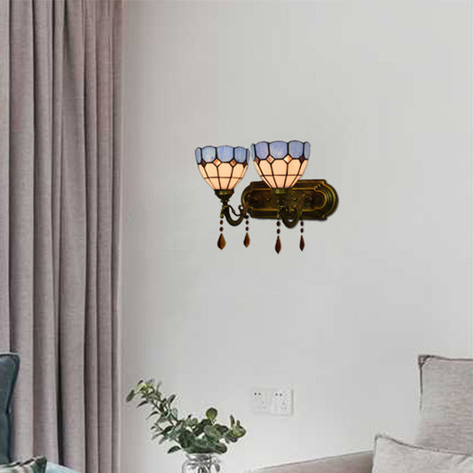 Art Glass Bowl Wall Light with Agate 2-Bulb Tiffany Vintage Wall Lamp in Beige/Brown/Blue/Blue-White for Dining Room Clearhalo 'Industrial' 'Middle century wall lights' 'Tiffany wall lights' 'Tiffany' 'Wall Lamps & Sconces' 'Wall Lights' Lighting' 179759