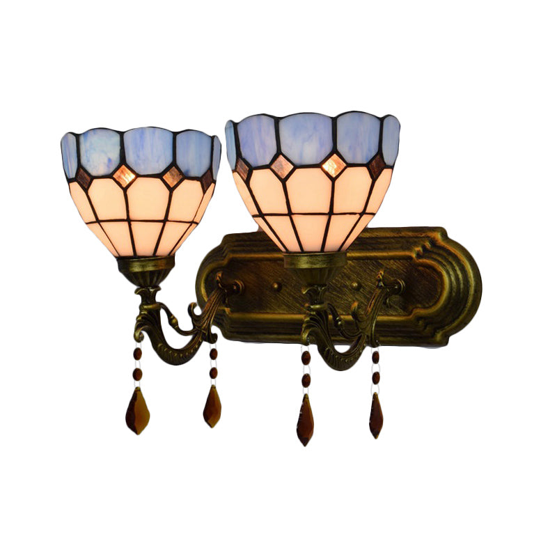 Art Glass Bowl Wall Light with Agate 2-Bulb Tiffany Vintage Wall Lamp in Beige/Brown/Blue/Blue-White for Dining Room Clearhalo 'Industrial' 'Middle century wall lights' 'Tiffany wall lights' 'Tiffany' 'Wall Lamps & Sconces' 'Wall Lights' Lighting' 179760
