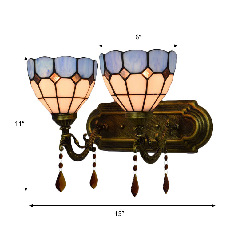 Art Glass Bowl Wall Light with Agate 2-Bulb Tiffany Vintage Wall Lamp in Beige/Brown/Blue/Blue-White for Dining Room Clearhalo 'Industrial' 'Middle century wall lights' 'Tiffany wall lights' 'Tiffany' 'Wall Lamps & Sconces' 'Wall Lights' Lighting' 179761