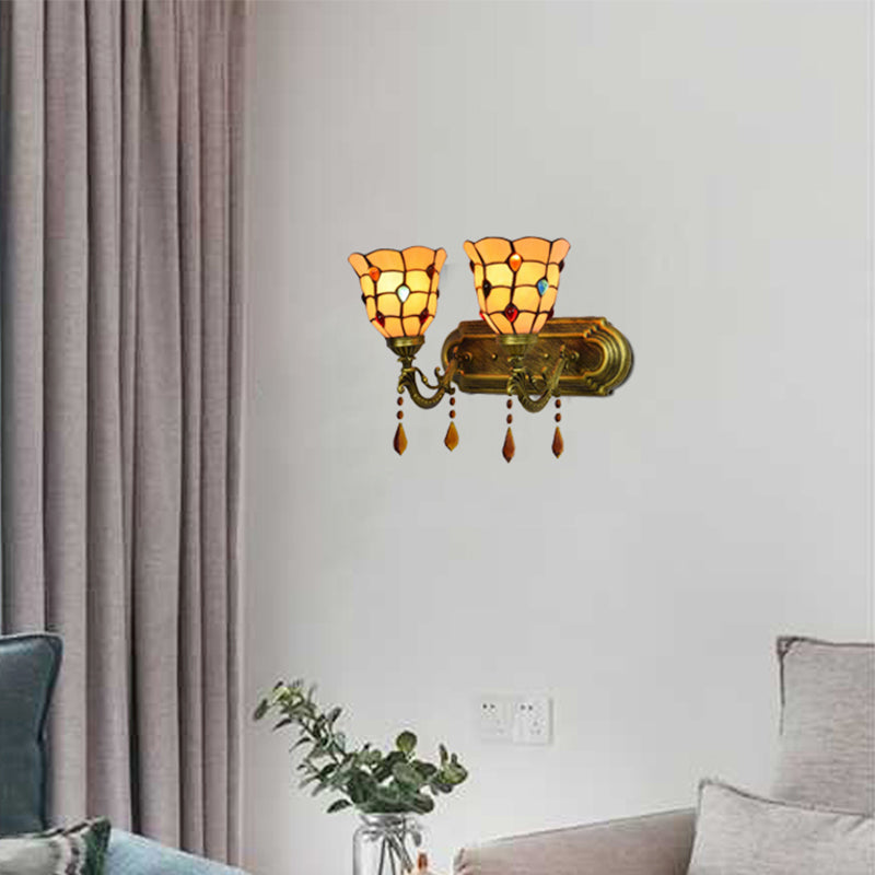 Art Glass Bowl Wall Light with Agate 2-Bulb Tiffany Vintage Wall Lamp in Beige/Brown/Blue/Blue-White for Dining Room Clearhalo 'Industrial' 'Middle century wall lights' 'Tiffany wall lights' 'Tiffany' 'Wall Lamps & Sconces' 'Wall Lights' Lighting' 179766