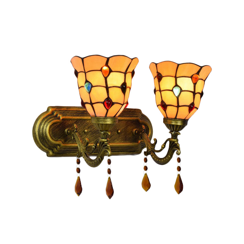 Art Glass Bowl Wall Light with Agate 2-Bulb Tiffany Vintage Wall Lamp in Beige/Brown/Blue/Blue-White for Dining Room Clearhalo 'Industrial' 'Middle century wall lights' 'Tiffany wall lights' 'Tiffany' 'Wall Lamps & Sconces' 'Wall Lights' Lighting' 179767