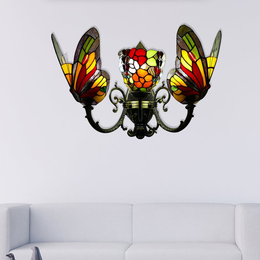 3 Heads Butterfly Wall Sconce Loft Lodge Stained Glass Wall Mount Lighting for Living Room Clearhalo 'Industrial' 'Middle century wall lights' 'Tiffany wall lights' 'Tiffany' 'Wall Lamps & Sconces' 'Wall Lights' Lighting' 179769