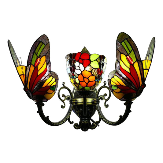 3 Heads Butterfly Wall Sconce Loft Lodge Stained Glass Wall Mount Lighting for Living Room Clearhalo 'Industrial' 'Middle century wall lights' 'Tiffany wall lights' 'Tiffany' 'Wall Lamps & Sconces' 'Wall Lights' Lighting' 179770