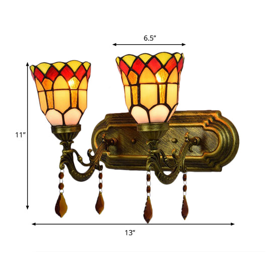 Foyer Stair Bell Wall Sconce with Agate Stained Glass 2 Heads Tiffany Traditional Wall Light Clearhalo 'Apliques' 'Iluminación' 'Industrial' 'Lámpara de Pared' 'Middle century wall lights' 'Tiffany wall lights' 'Tiffany' 'Wall Lamps & Sconces' 'Wall Lights' Hogar' Lighting' 179776