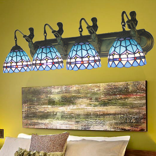 Dome Blue Glass Sconce Light Mediterranean 4 Heads Bronze Wall Mounted Light for Living Room Blue Clearhalo 'Industrial' 'Middle century wall lights' 'Tiffany wall lights' 'Tiffany' 'Wall Lamps & Sconces' 'Wall Lights' Lighting' 179777