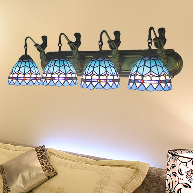 Dome Blue Glass Sconce Light Mediterranean 4 Heads Bronze Wall Mounted Light for Living Room Clearhalo 'Industrial' 'Middle century wall lights' 'Tiffany wall lights' 'Tiffany' 'Wall Lamps & Sconces' 'Wall Lights' Lighting' 179778