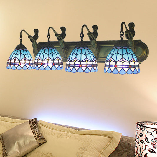 Dome Blue Glass Sconce Light Mediterranean 4 Heads Bronze Wall Mounted Light for Living Room Clearhalo 'Industrial' 'Middle century wall lights' 'Tiffany wall lights' 'Tiffany' 'Wall Lamps & Sconces' 'Wall Lights' Lighting' 179778