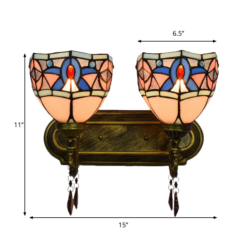 Vintage Tiffany Domed Wall Light 2 Lights Stained Glass Wall Sconce in Antique Bronze for Bedroom Clearhalo 'Industrial' 'Middle century wall lights' 'Tiffany wall lights' 'Tiffany' 'Wall Lamps & Sconces' 'Wall Lights' Lighting' 179785
