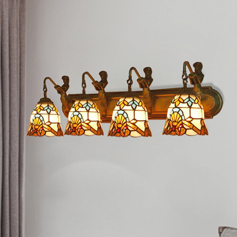 Beige Glass Bell Sconce Lighting Baroque 4 Heads Brass Wall Mount Lighting with Mermaid Decoration Clearhalo 'Industrial' 'Middle century wall lights' 'Tiffany wall lights' 'Tiffany' 'Wall Lamps & Sconces' 'Wall Lights' Lighting' 179787
