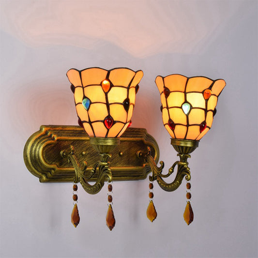 Tiffany Classic Bell Wall Light with Agate 2 Heads Tiffany Wall Lamp in Beige for Stairway Clearhalo 'Industrial' 'Middle century wall lights' 'Tiffany wall lights' 'Tiffany' 'Wall Lamps & Sconces' 'Wall Lights' Lighting' 179792