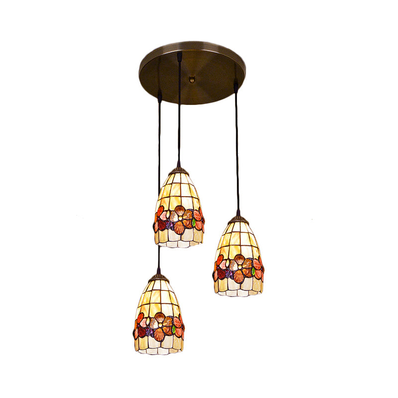 Shell Bell Cluster Pendant Light Baroque 3 Bulbs Hanging Light Fixture in Yellow with Linear/Round Canopy Clearhalo 'Ceiling Lights' 'Close To Ceiling Lights' 'Industrial' 'Middle Century Pendants' 'Pendant Lights' 'Pendants' 'Tiffany close to ceiling' 'Tiffany Pendants' 'Tiffany' Lighting' 179797