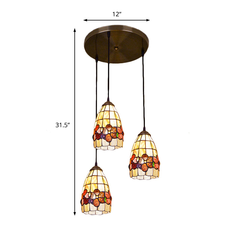 Shell Bell Cluster Pendant Light Baroque 3 Bulbs Hanging Light Fixture in Yellow with Linear/Round Canopy Clearhalo 'Ceiling Lights' 'Close To Ceiling Lights' 'Industrial' 'Middle Century Pendants' 'Pendant Lights' 'Pendants' 'Tiffany close to ceiling' 'Tiffany Pendants' 'Tiffany' Lighting' 179799