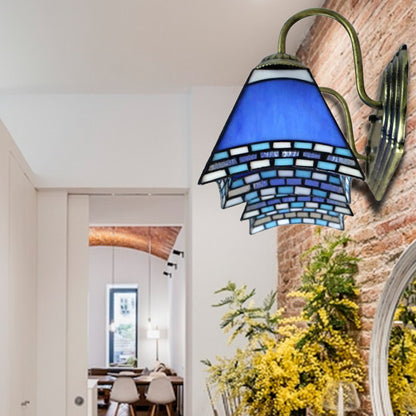 Blue Glass Pyramid Wall Mounted Light Mediterranean 2 Heads Bronze Sconce Lighting Blue Clearhalo 'Industrial' 'Middle century wall lights' 'Tiffany wall lights' 'Tiffany' 'Wall Lamps & Sconces' 'Wall Lights' Lighting' 179808