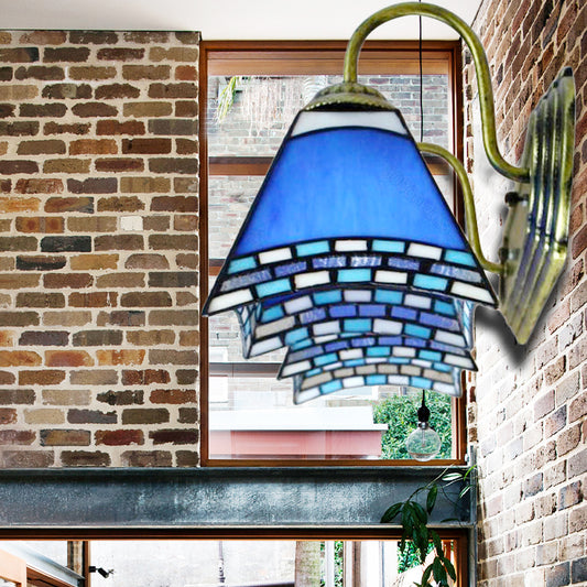 Blue Glass Pyramid Wall Mounted Light Mediterranean 2 Heads Bronze Sconce Lighting Clearhalo 'Industrial' 'Middle century wall lights' 'Tiffany wall lights' 'Tiffany' 'Wall Lamps & Sconces' 'Wall Lights' Lighting' 179809