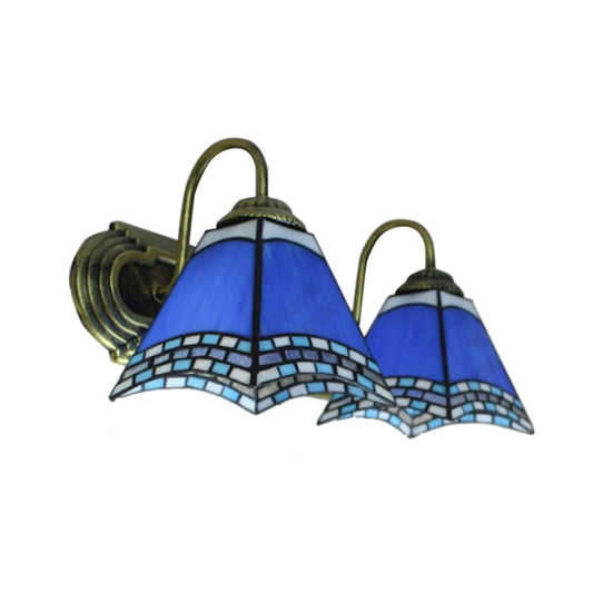Blue Glass Pyramid Wall Mounted Light Mediterranean 2 Heads Bronze Sconce Lighting Clearhalo 'Industrial' 'Middle century wall lights' 'Tiffany wall lights' 'Tiffany' 'Wall Lamps & Sconces' 'Wall Lights' Lighting' 179810