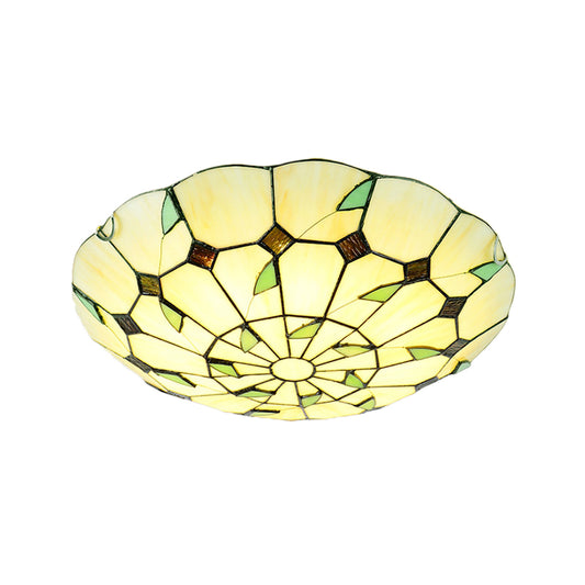 3 Bulbs Bowl Flush Lighting Stained Glass Tiffany Ceiling Light Fixture for Living Room Clearhalo 'Ceiling Lights' 'Close To Ceiling Lights' 'Close to ceiling' 'Flush mount' Lighting' 179814