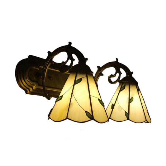 Beige Conical Wall Light with Leaf 2 Heads Tiffany Rustic Glass Wall Lamp for Study Room Clearhalo 'Industrial' 'Middle century wall lights' 'Tiffany wall lights' 'Tiffany' 'Wall Lamps & Sconces' 'Wall Lights' Lighting' 179819