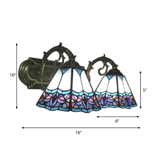 2 Bulbs Pyramid Wall Light Tiffany Classic Stained Glass Wall Sconce in Blue with Curved Arm for Corridor Clearhalo 'Industrial' 'Middle century wall lights' 'Tiffany wall lights' 'Tiffany' 'Wall Lamps & Sconces' 'Wall Lights' Lighting' 179824