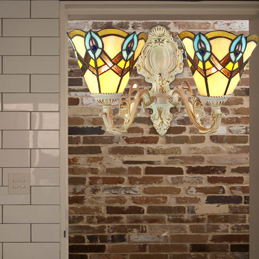 Cone Gallery Wall Light with Carved Arm Stained Glass 2 Heads Tiffany Victorian Wall Lamp in Beige Clearhalo 'Industrial' 'Middle century wall lights' 'Tiffany wall lights' 'Tiffany' 'Wall Lamps & Sconces' 'Wall Lights' Lighting' 179832