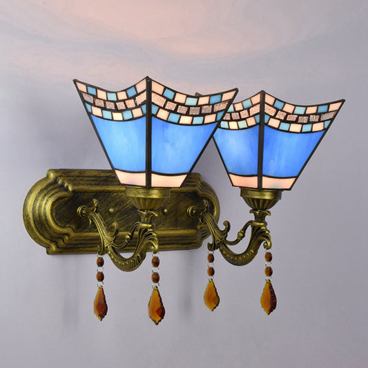 Blue Craftsman Sconce Light with Agate 2 Bulbs Mediterranean Stained Glass Wall Light for Foyer Clearhalo 'Industrial' 'Middle century wall lights' 'Tiffany wall lights' 'Tiffany' 'Wall Lamps & Sconces' 'Wall Lights' Lighting' 179836